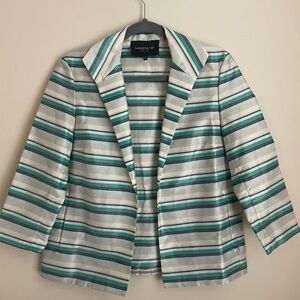 Lafayette 148 New York Blue Green Striped Open Front Jacket 3/4 Sleeves Size P